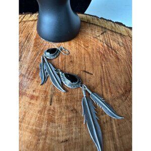 VTG Native American Sterling Silver Black Onyx dangle Feather Earrings Signed JJ